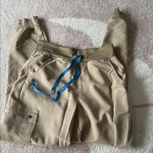 FIGS Tan Jogger Pants with Blue Drawstring